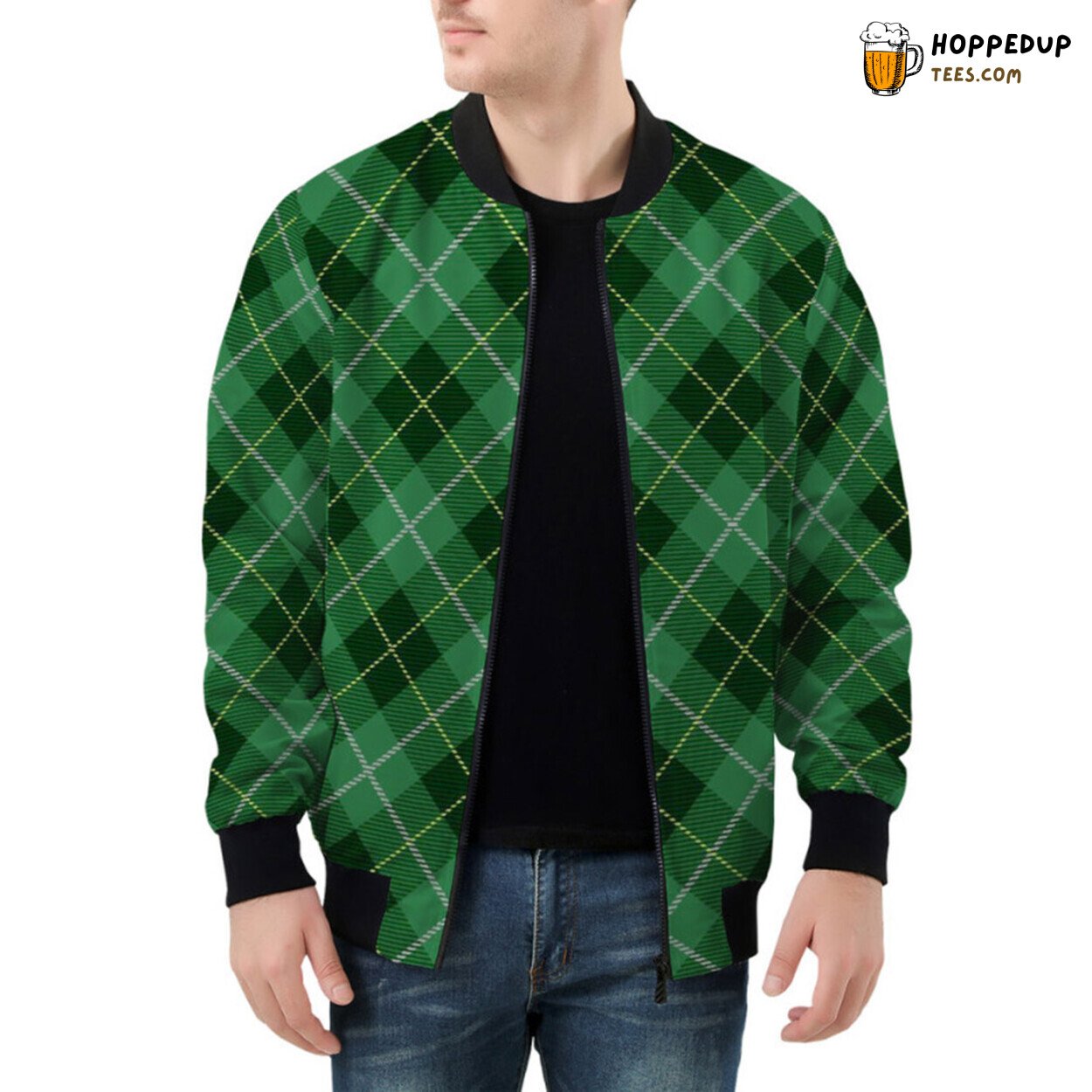 Fresh Green Hue in Tartan Plaid Pattern Showcased Bomber Jacket