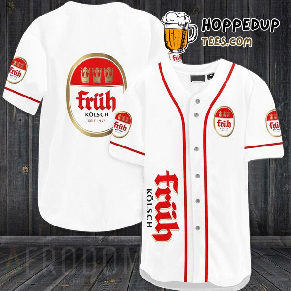 Fruh Kolsch Inspired White Baseball Jersey Distinctive Unique Design Theme