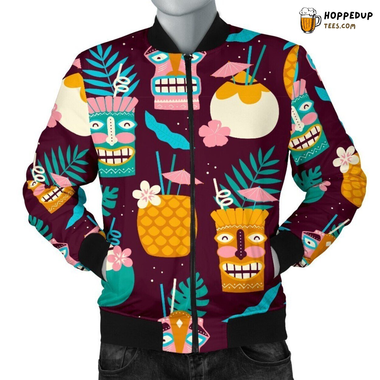 Fruity Tiki Delight Men’s Bomber Jacket Islander Tropical Design Elegance