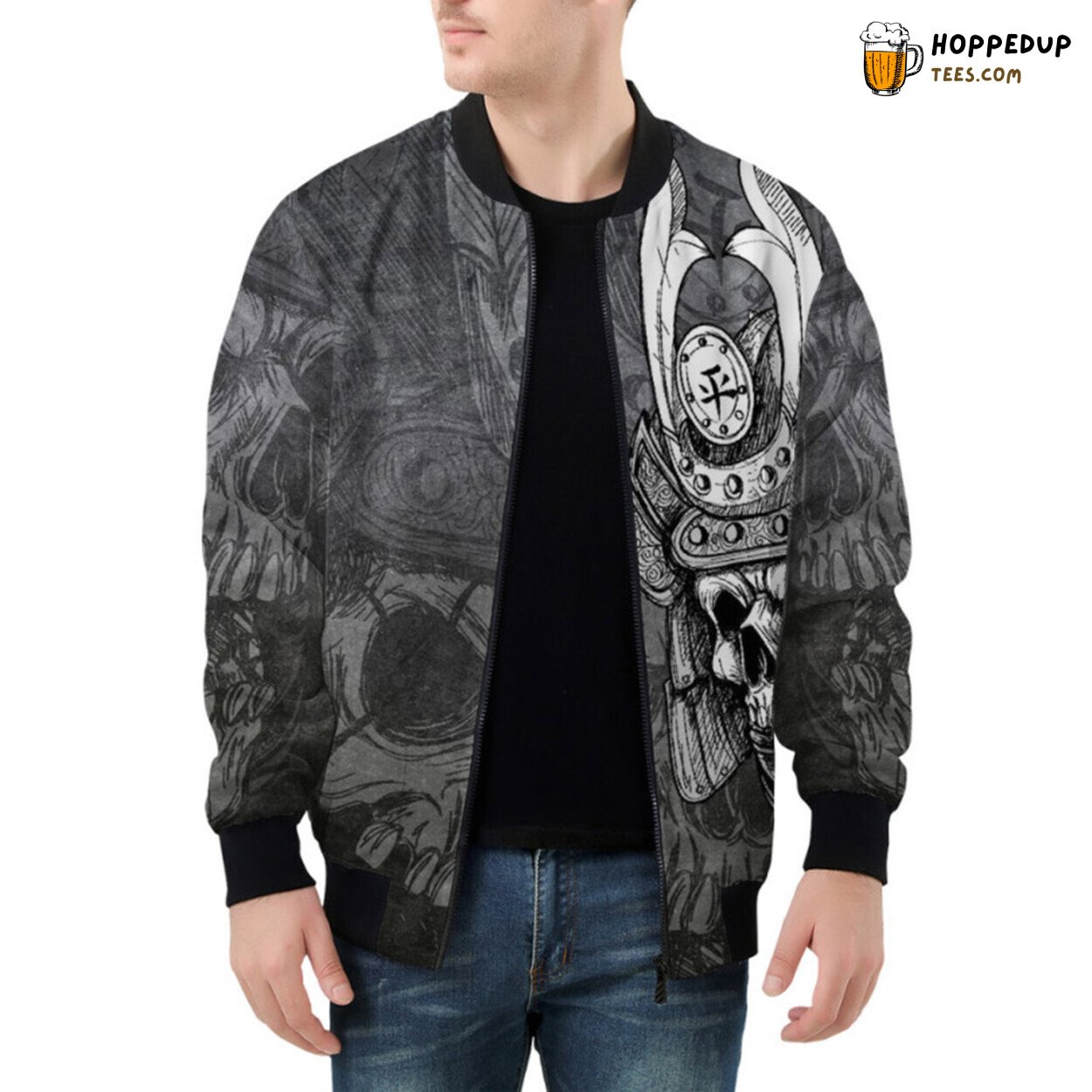 Fusion of Cultural Art Depicting a Fierce Samurai Skull Bomber Jacket Fusion of Cultural Art Depicting a Fierce Samurai Skull Bomber Jacket