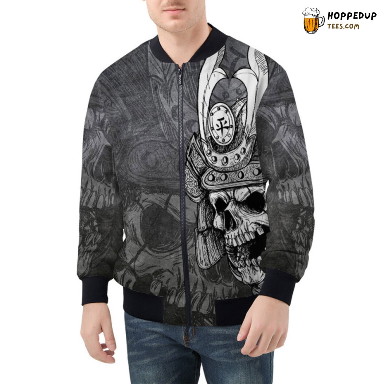 Fusion of Cultural Art Depicting a Fierce Samurai Skull Bomber Jacket