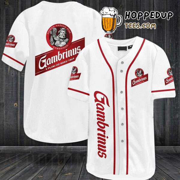 Gambrinus Beer Inspired White Baseball Jersey Unique Distinctive Design Look