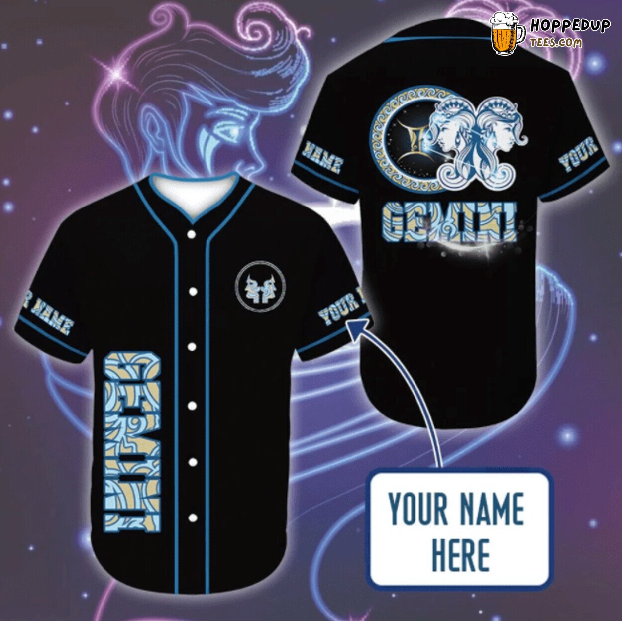 Gemini Zodiac Custom Name Black Unique Baseball Jersey 3D Print Tee Design