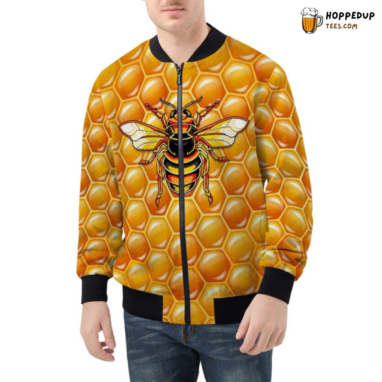 Geometric Precision of Bees Crafting Hexagon Patterns Bomber Jacket