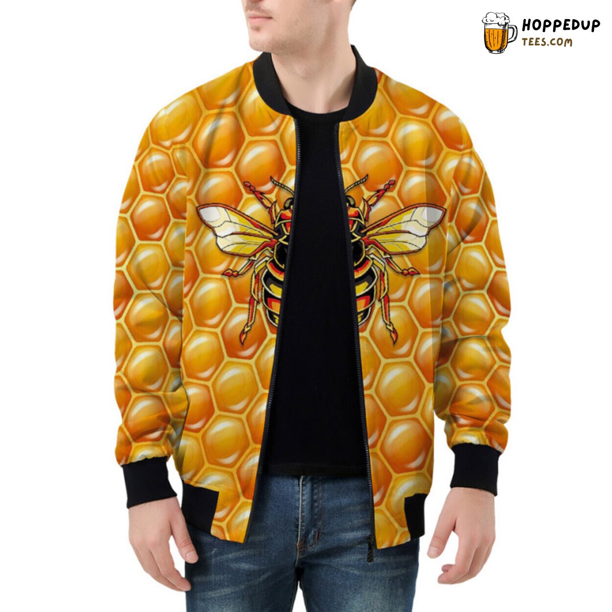 Geometric Precision of Bees Crafting Hexagon Patterns Bomber Jacket