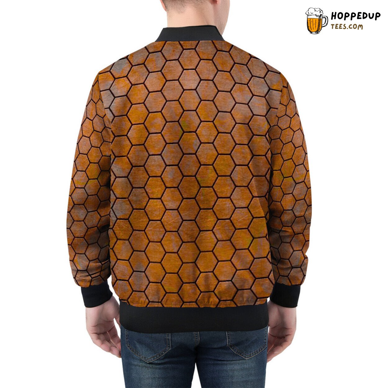 Geometric Rusty Hexagon Patterns Define Men’s Bomber Jacket