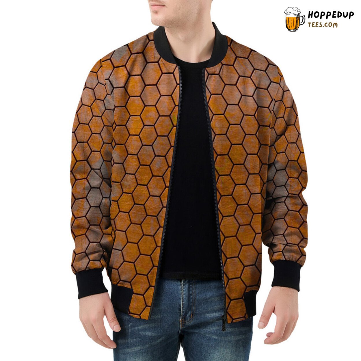 Geometric Rusty Hexagon Patterns Define Men’s Bomber Jacket