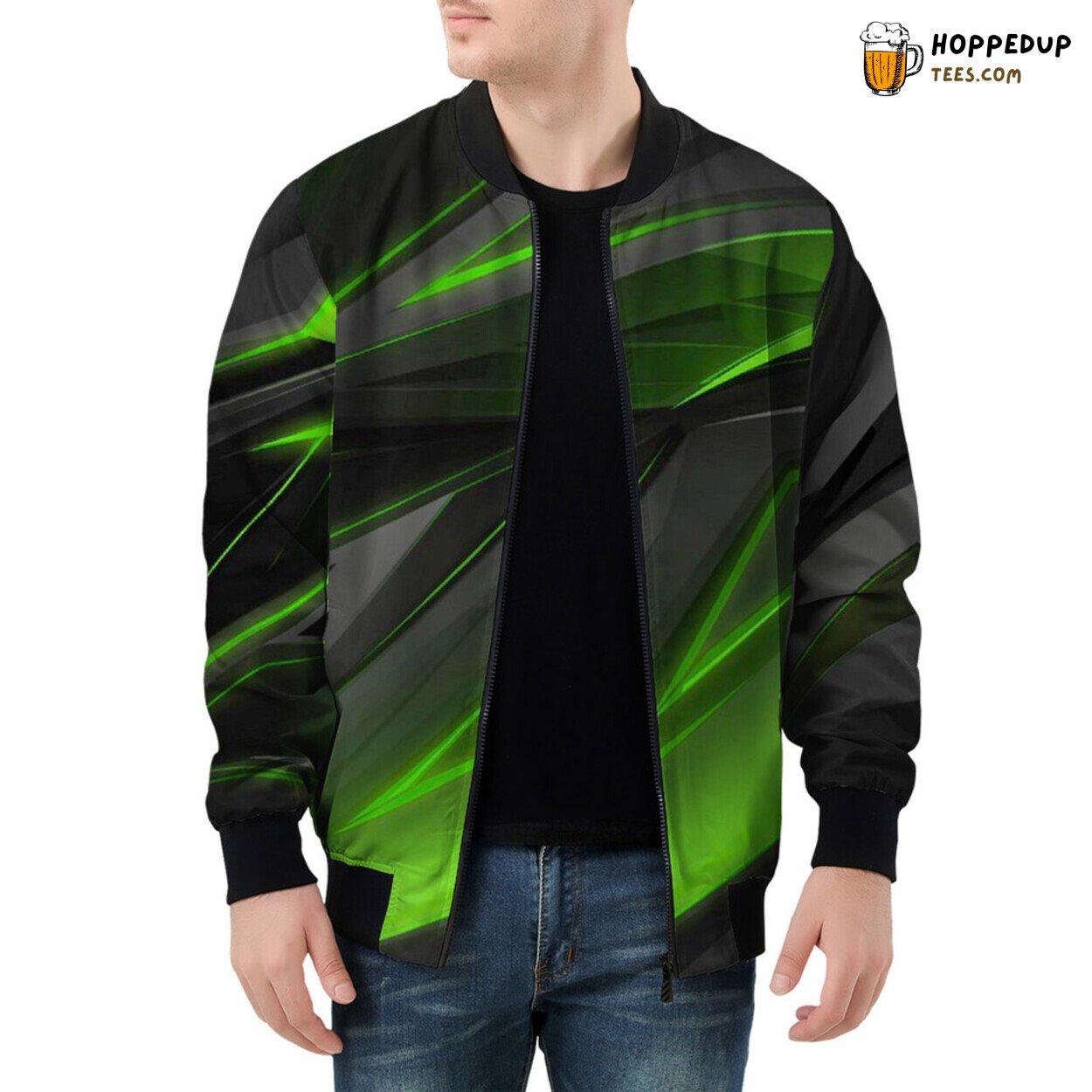Geometric Stripes in Vivid Green Drape Men’s Bomber Jacket Design