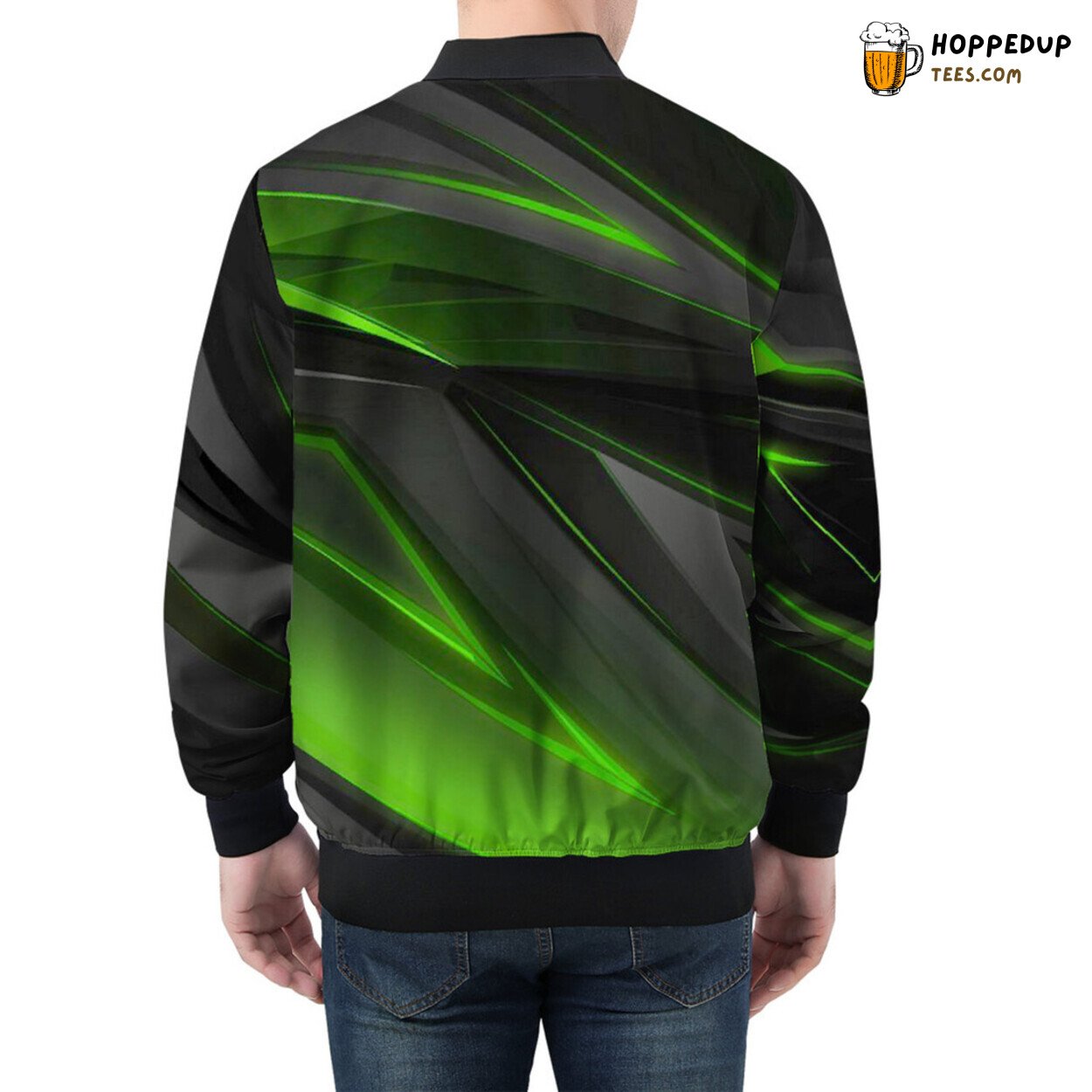Geometric Stripes in Vivid Green Drape Men’s Bomber Jacket Design