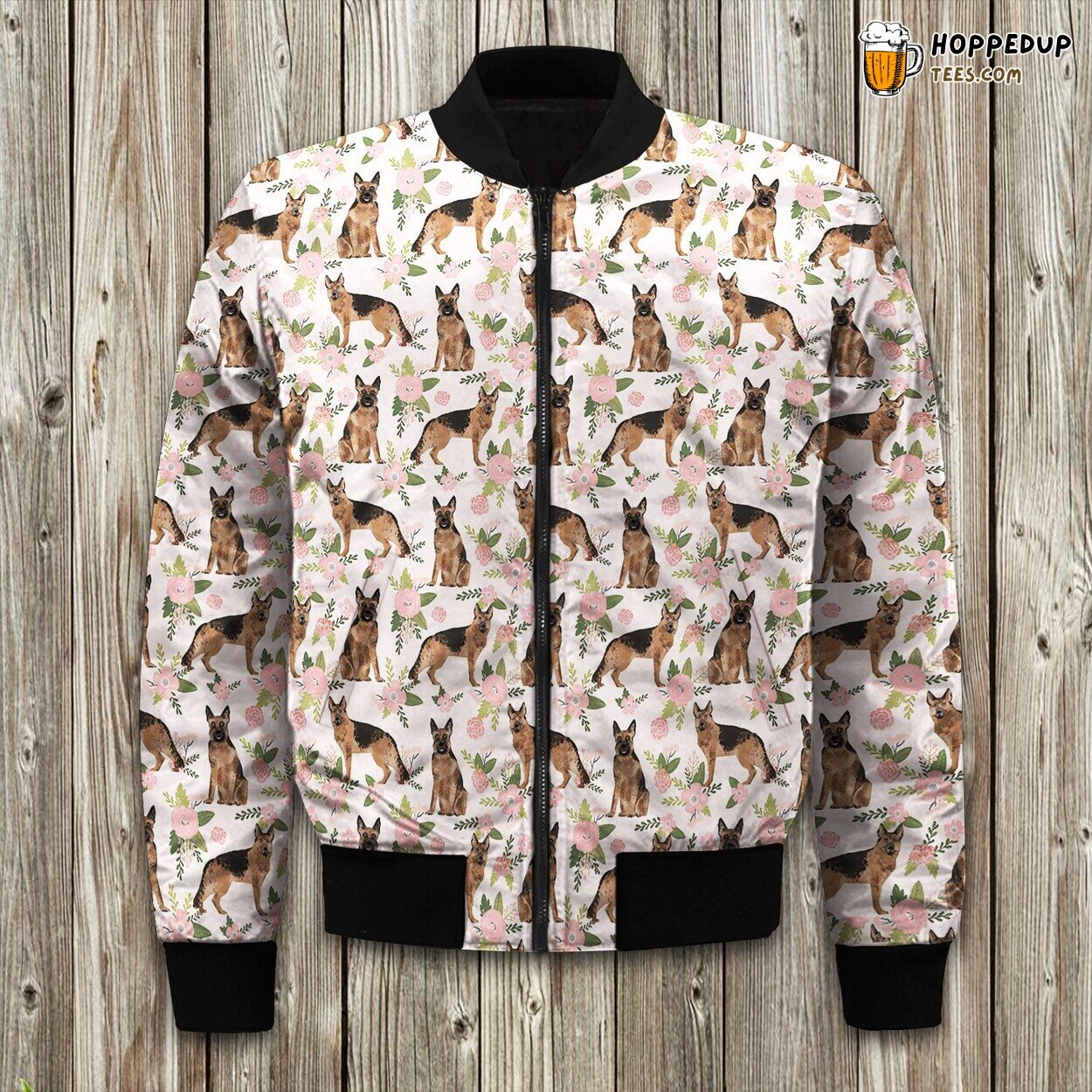 German Shepherd Pink Flower Bomber Jacket