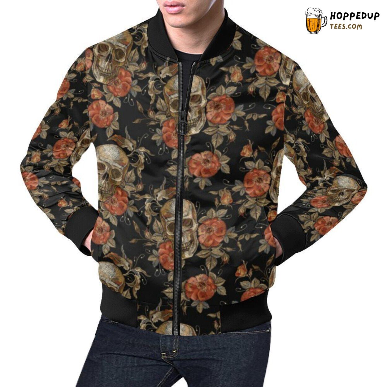 Girly Floral Rose Skeleton Sugar Skull Pattern Men’s Bomber Jacket Print