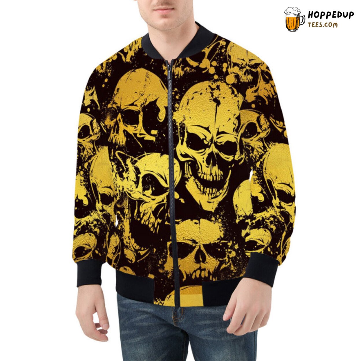 Glistening Aura of Gold Grunge Depicting Skulls Bomber Jacket