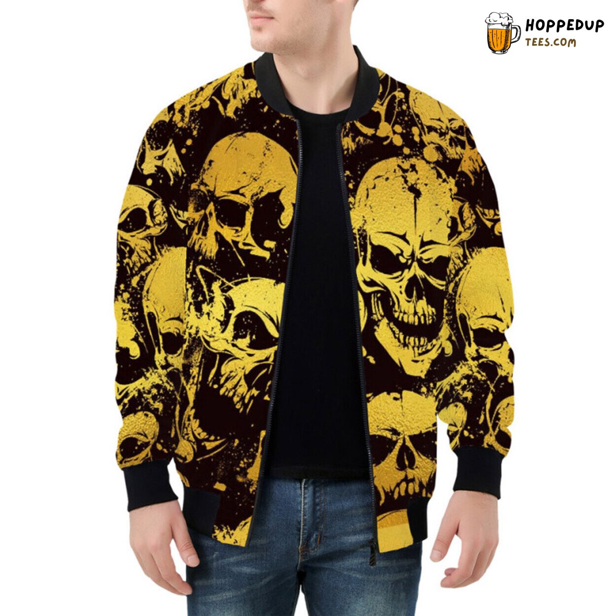 Glistening Aura of Gold Grunge Depicting Skulls Bomber Jacket