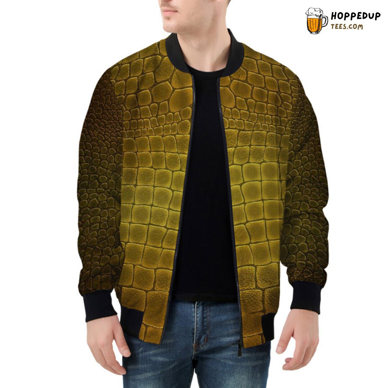 Glistening Golden Alligator Skin Pattern Detailed Bomber Jacket