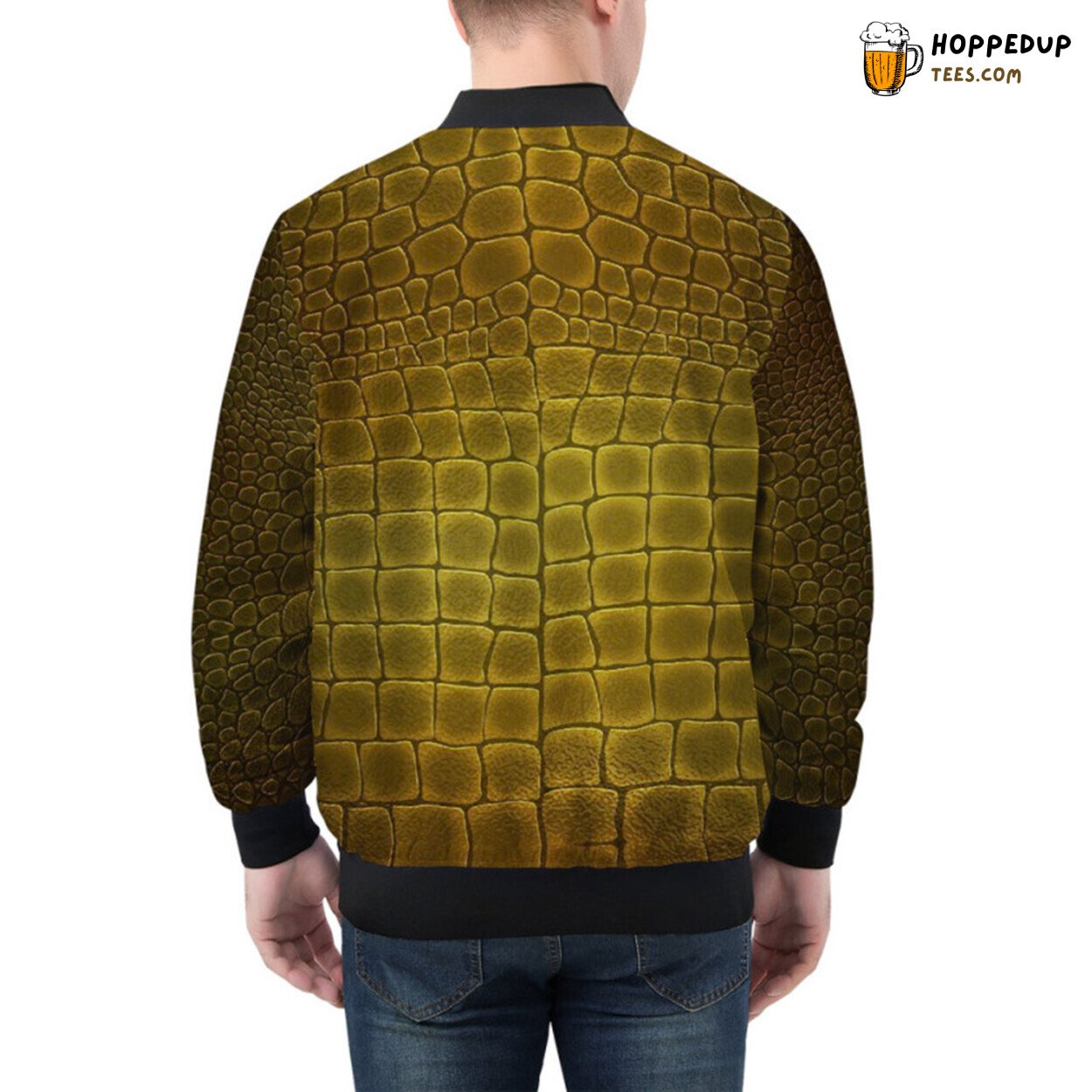 Glistening Golden Alligator Skin Pattern Detailed Bomber Jacket