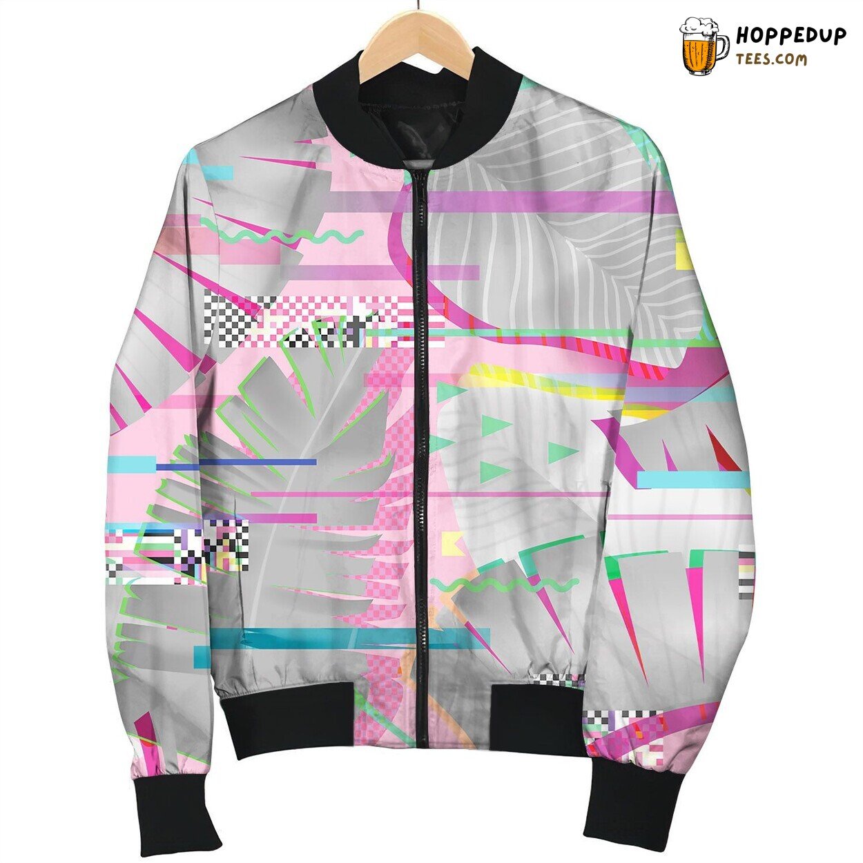 Glitch Effect Seamless Pattern Tropical Elements Bomber Jacket