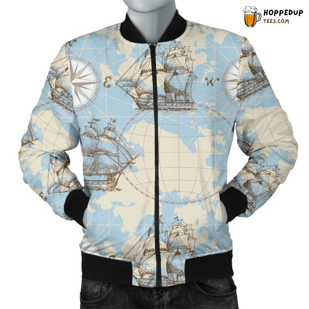 Global World Design Elegance Men’s Bomber Jacket Map Patterned Artistic Display