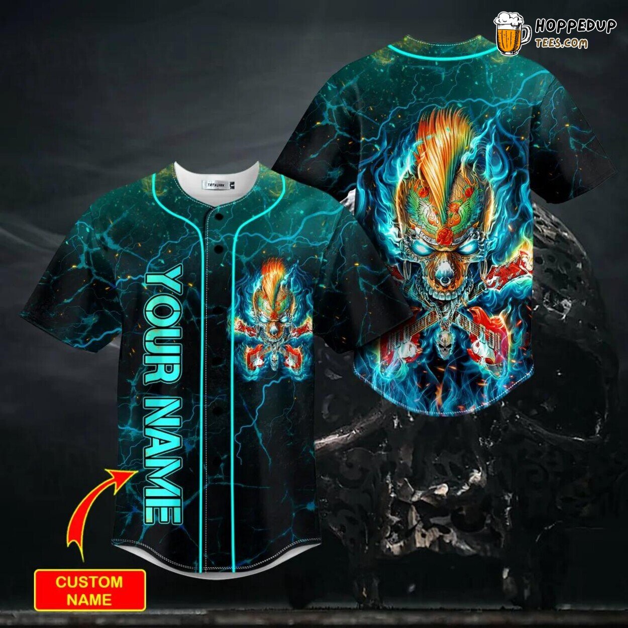 Glow Dark Guitar Rock Fire Skull Baseball Jersey Graphic Tees 3D Print Unique