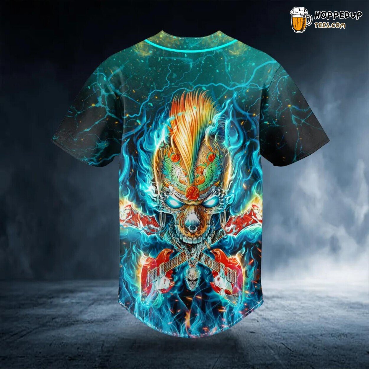 Glow Dark Guitar Rock Fire Skull Baseball Jersey Graphic Tees 3D Print Unique