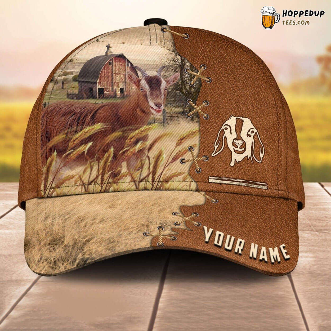 Goat Brown Leather Pattern Name 3D Cap Baseball Print Farm Lovers Animal Unique
