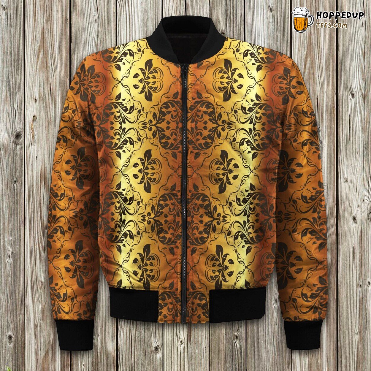Gold Flower Leave Pattern Bomber Jacket