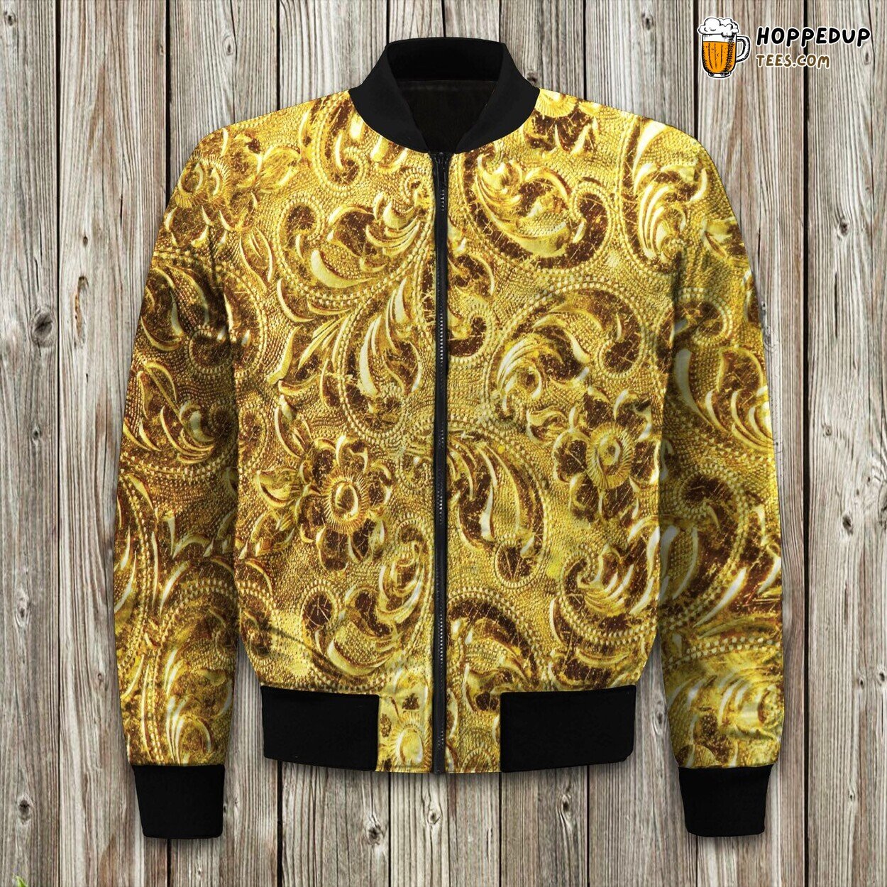Gold Leaves Pattern Bomber Jacket