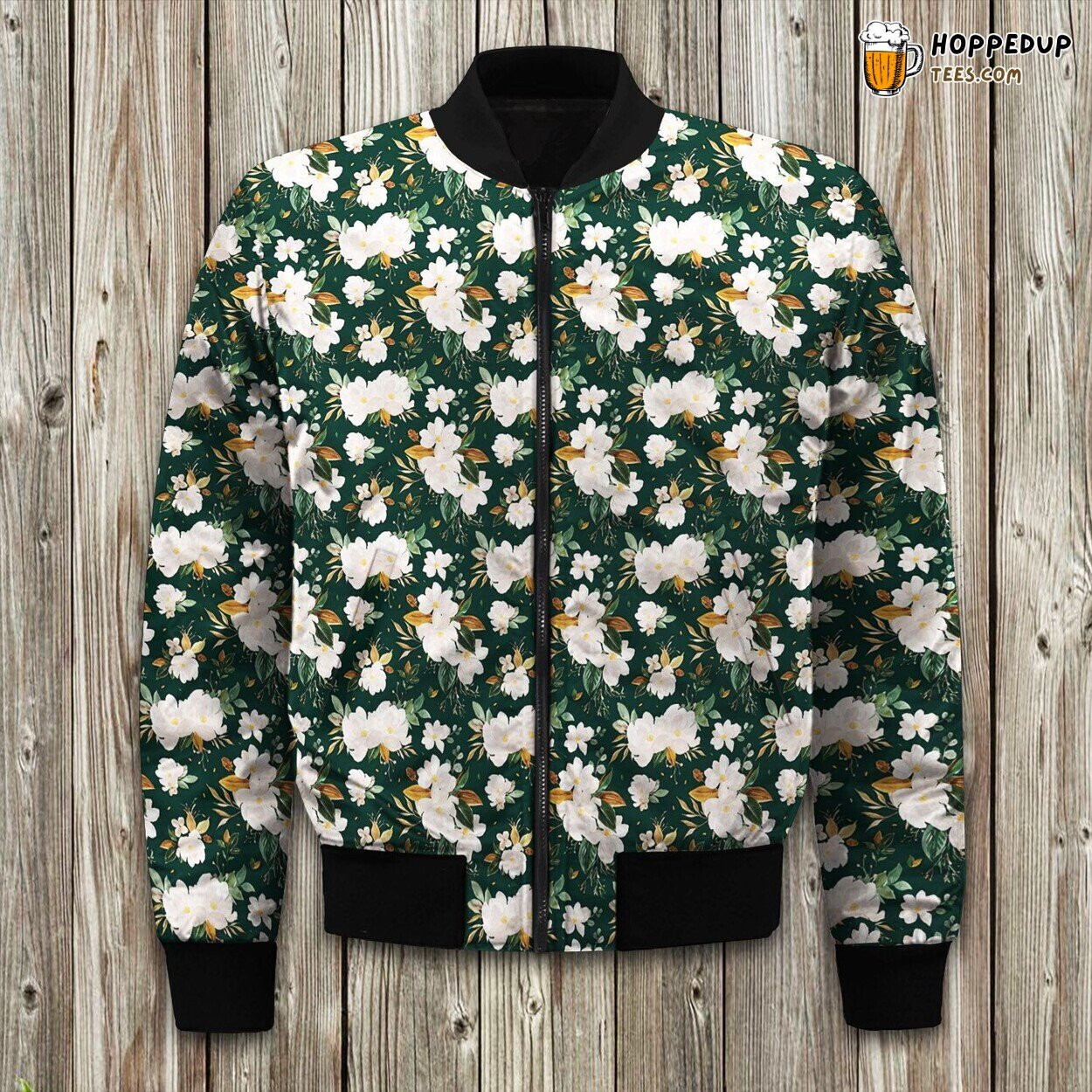 Gold Magnolia Floral On Monstera Green Bomber Jacket