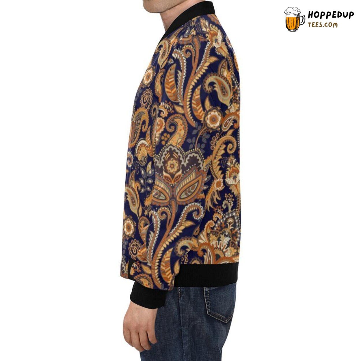 Gold Paisley Bomber Jacket Men’s Classic Elegance Sophisticated Print Design