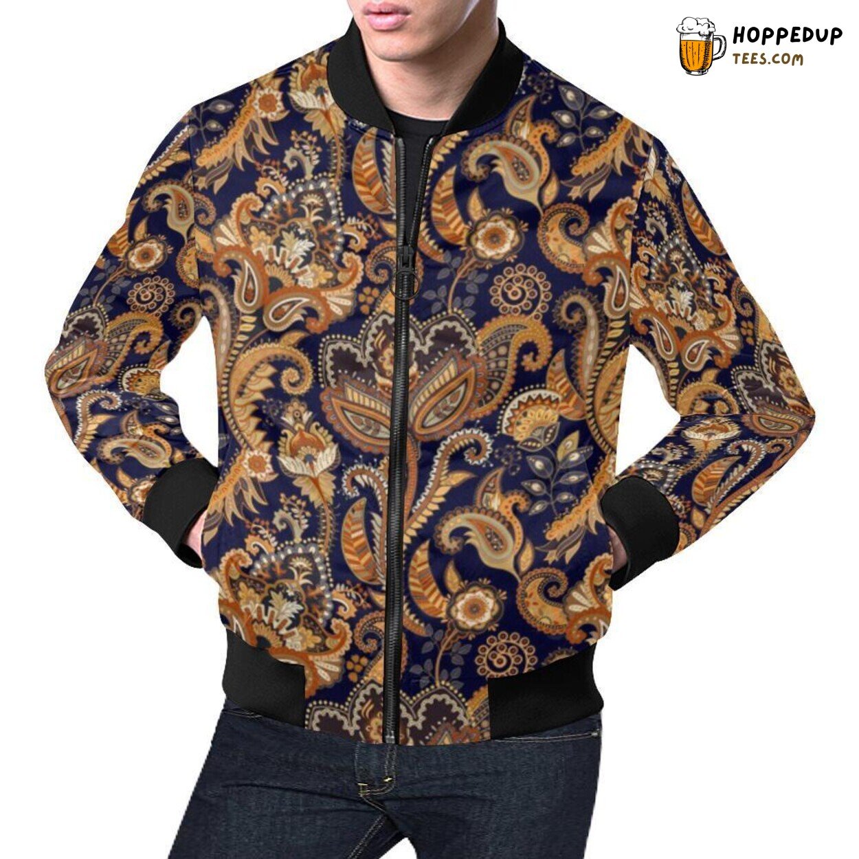 Gold Paisley Bomber Jacket Men’s Classic Elegance Sophisticated Print Design