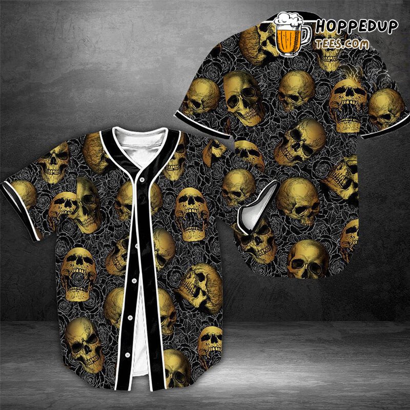 Gold Skull Black Roses Baseball Tee Jersey Shirts 3D