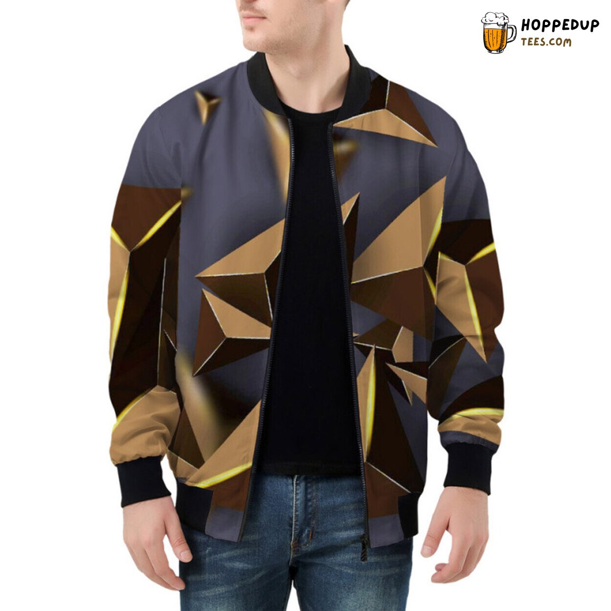 Golden 3D Triangle Patterns Accentuating the Bomber Jacket Design