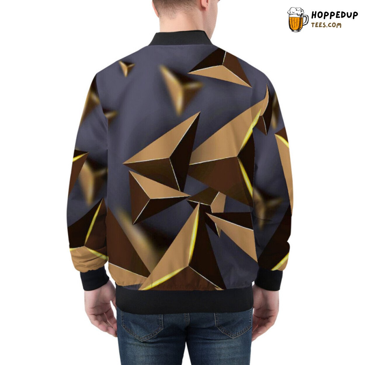 Golden 3D Triangle Patterns Accentuating the Bomber Jacket Design