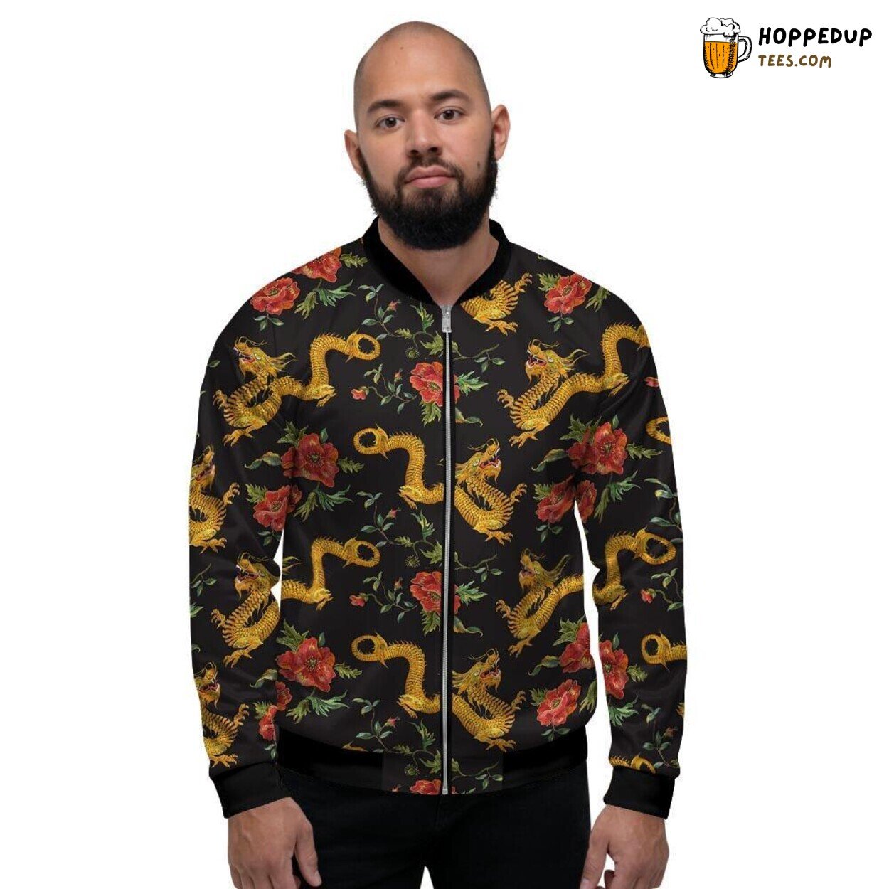 Golden Dragon Rose Floral Fusion Men’s Bomber Jacket Mythical Creature Design