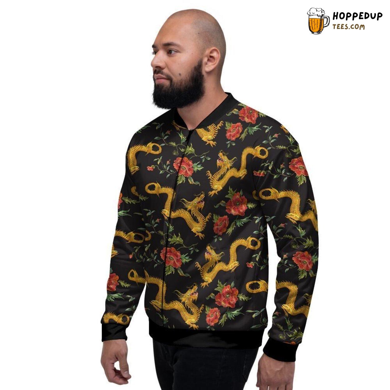 Golden Dragon Rose Floral Fusion Men’s Bomber Jacket Mythical Creature Design