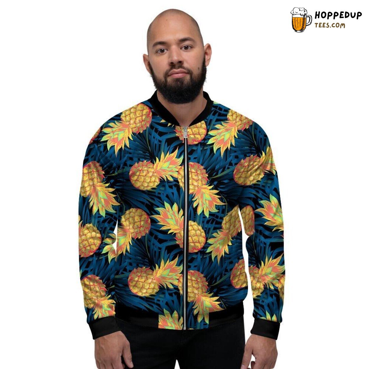 Golden Pineapple Hawaiian EDM Vibe Men’s Bomber Jacket Tropical Beat Display