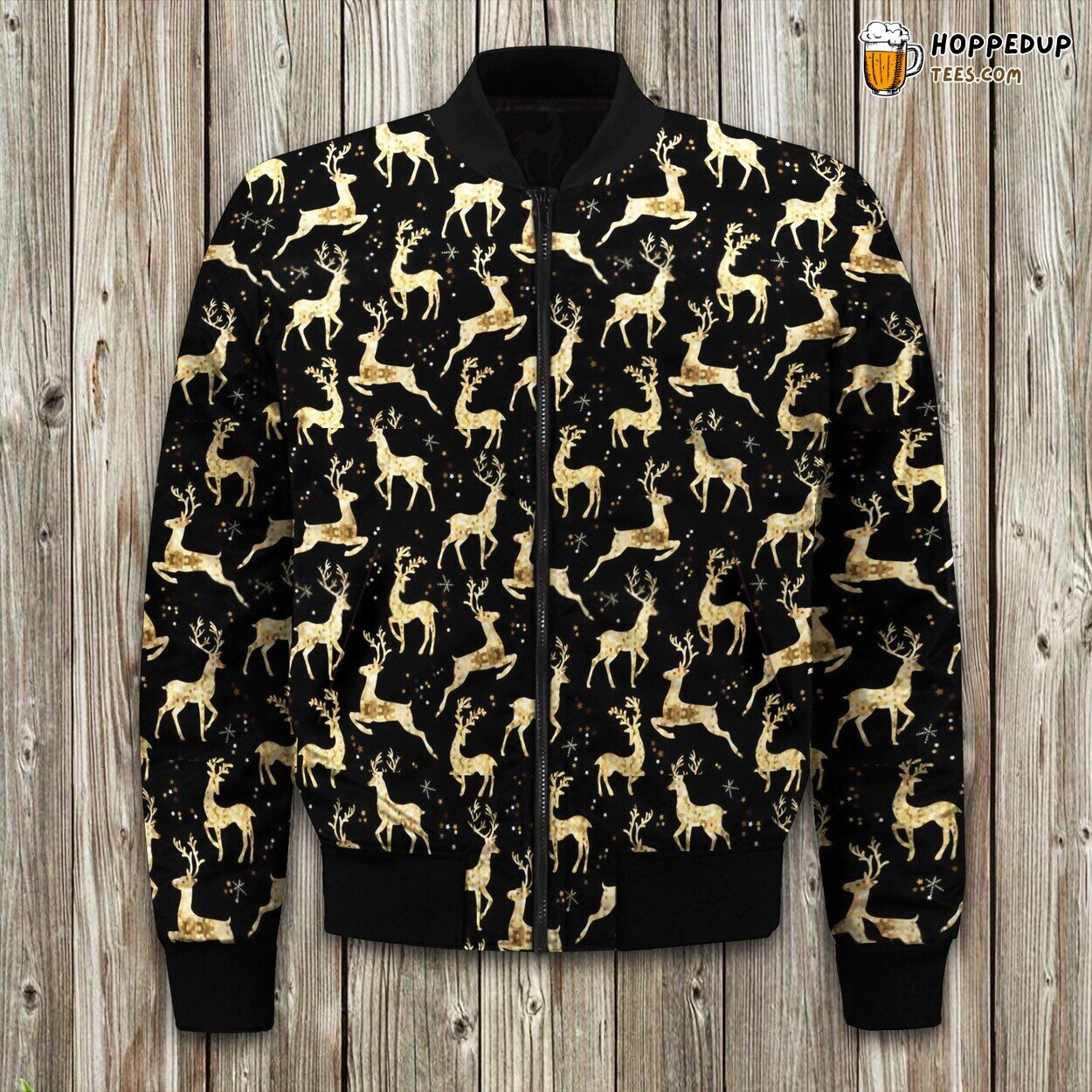 Golden Sparkling Glitter Deer Im Black Blackground Seamless Bomber Jacket