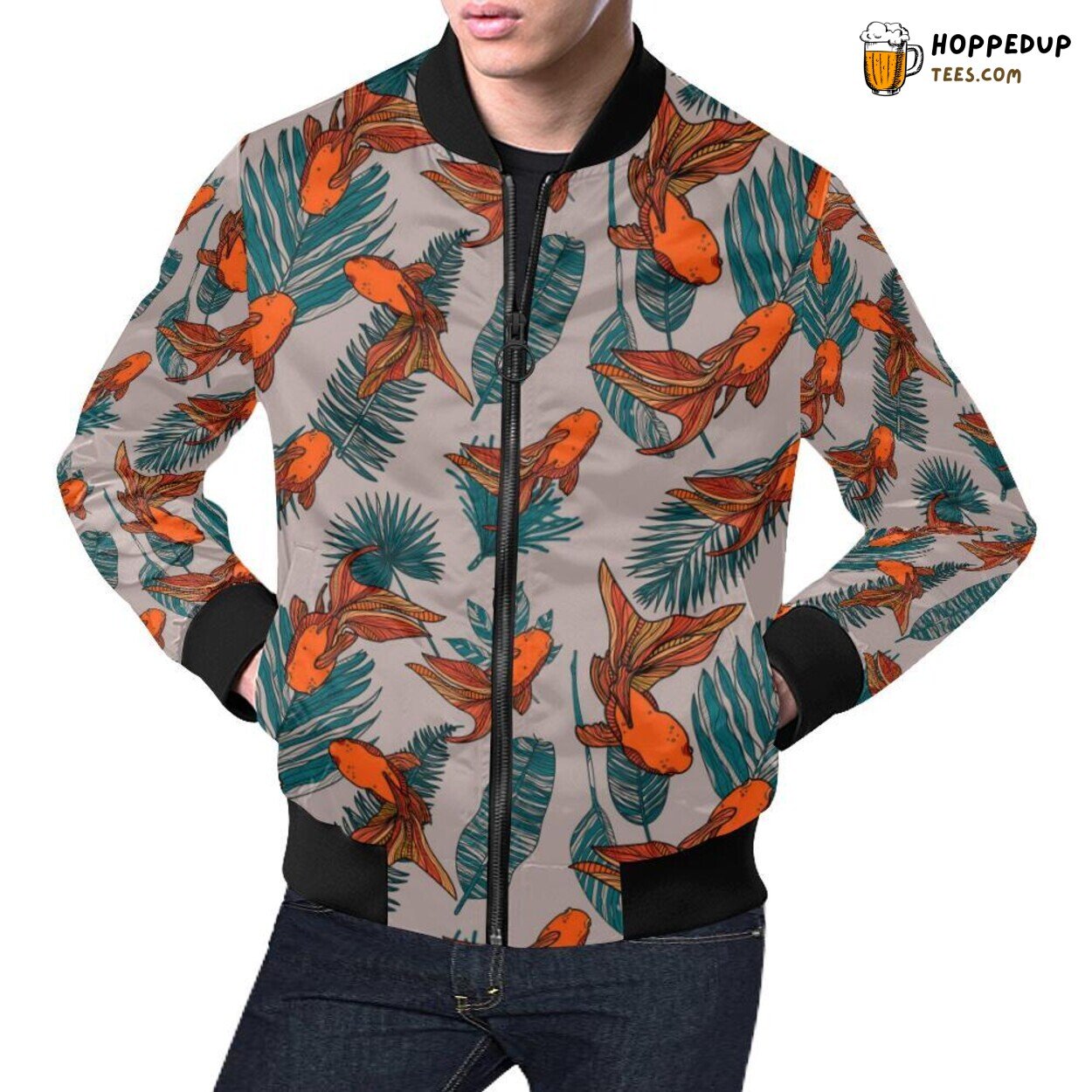 Goldfish Amongst Leaves Pattern Print Men’s Bomber Jacket Exclusive Goldfish Amongst Leaves Pattern Print Men’s Bomber Jacket Exclusive