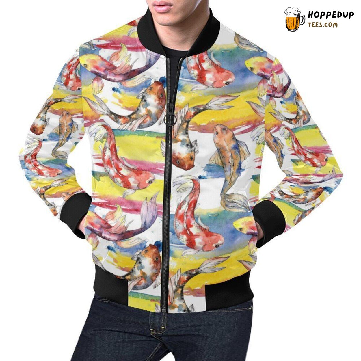Goldfish Artistry Captured in Print Pattern Men’s Bomber Jacket Design Goldfish Artistry Captured in Print Pattern Men’s Bomber Jacket Design