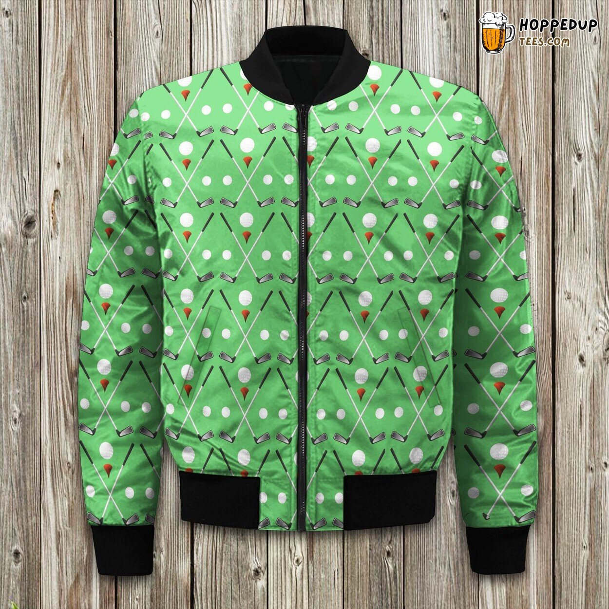 Golf Ball And Clubs On Green Bomber Jacket