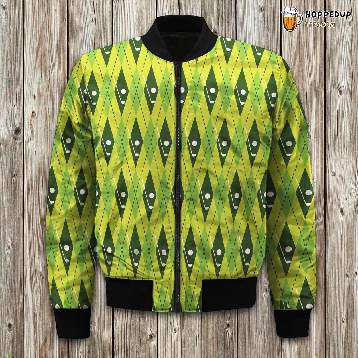 Golf Ball And Tees On Green Argyle Bomber Jacket