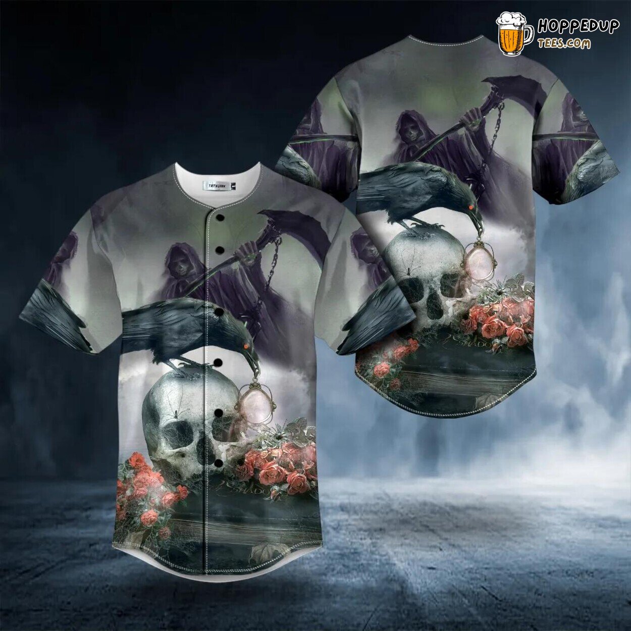 Goth Grim Reaper Raven Rose Skull Baseball Jersey Graphic Tees 3D Print
