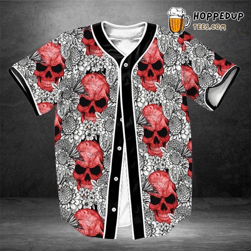 Gothic Floral Red Skull 3D Printed Baseball Jersey Shirt Dark