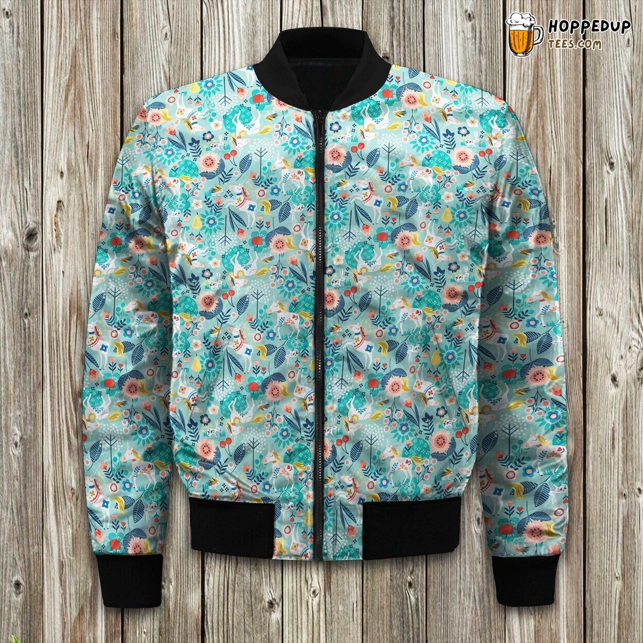 Graceful Floral Horse Print Winter Bomber Jacket Equestrian Love Design