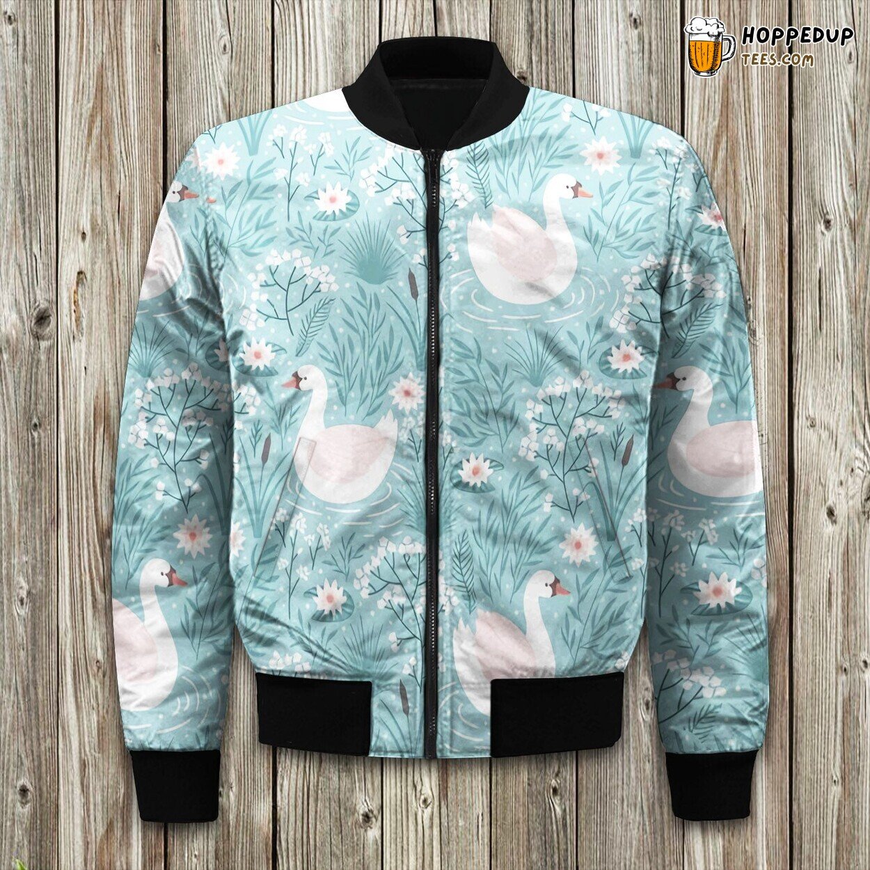 Graceful Floral Swan Design on Bomber Winter Jacket Luxury