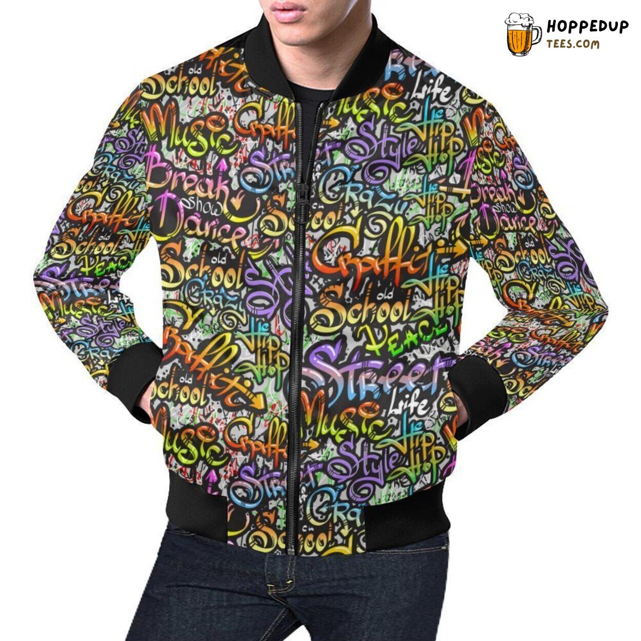 Graffiti Art Displayed as Print Pattern on Men’s Bomber Jacket Design Graffiti Art Displayed as Print Pattern on Men’s Bomber Jacket Design