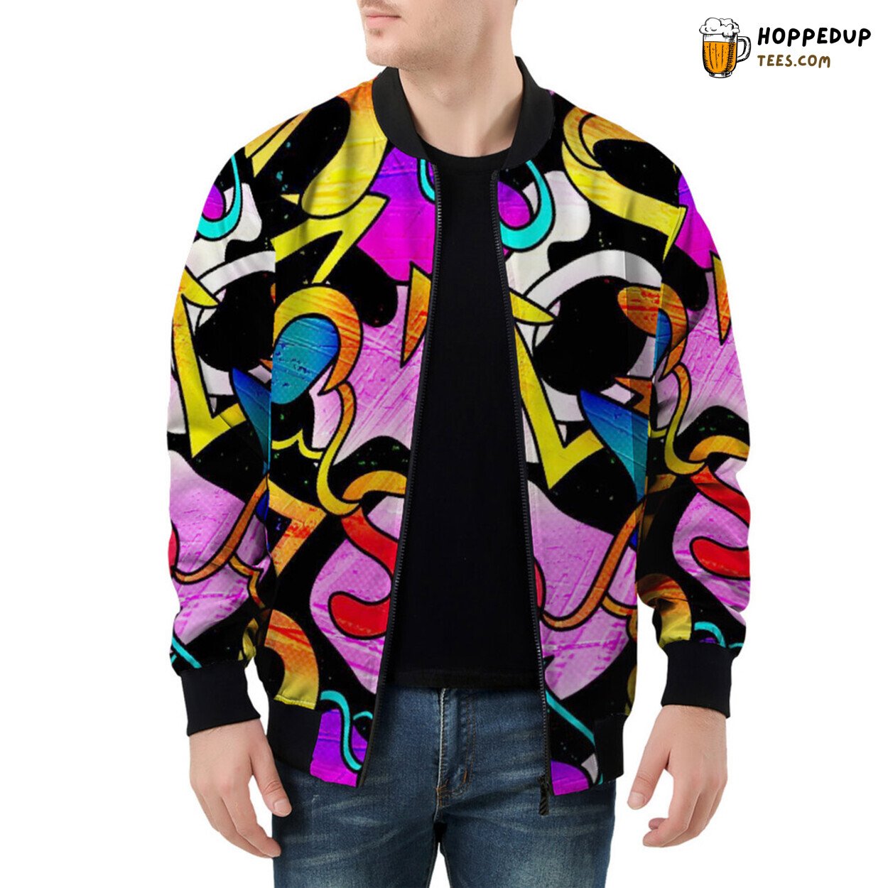 Graffiti Artistry Vividly Displayed on a Classic Men’s Bomber Jacket