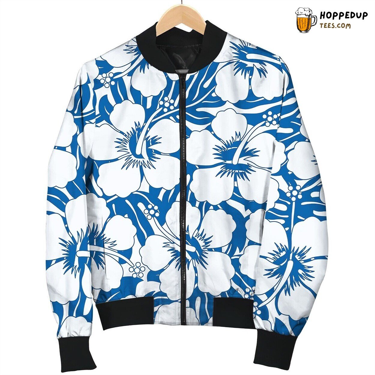 Graphic Navy And White Tropical Flowers Seamless Bomber Jacket