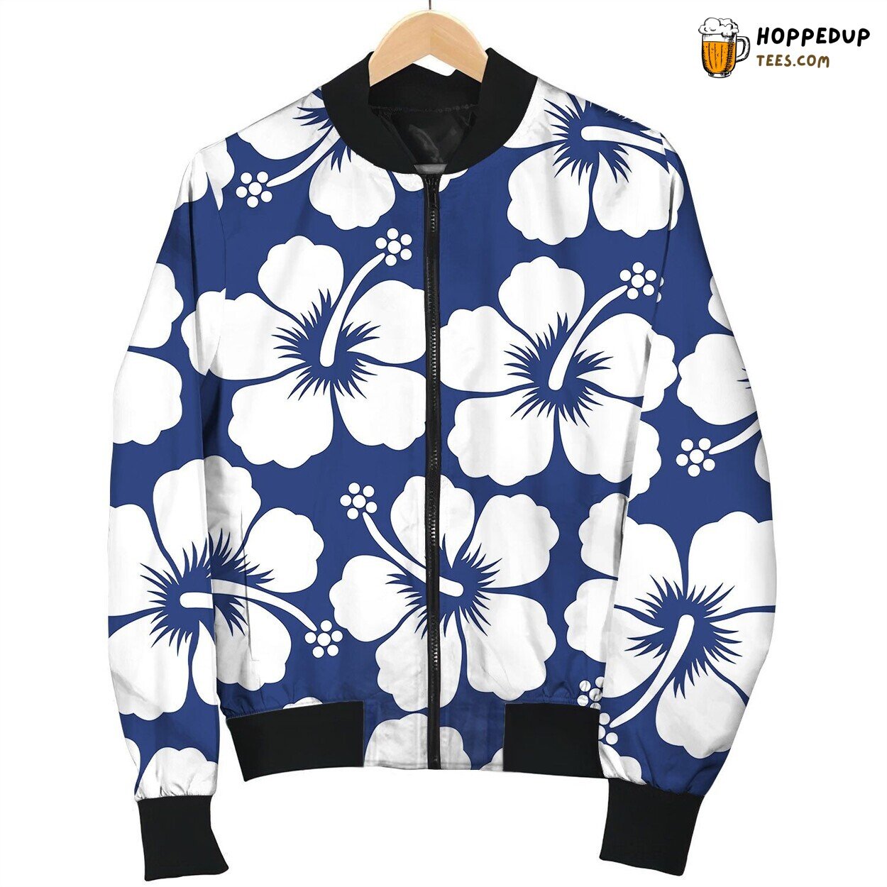Graphic White Tropical Hibiscus Flowers Seamless Bomber Jacket