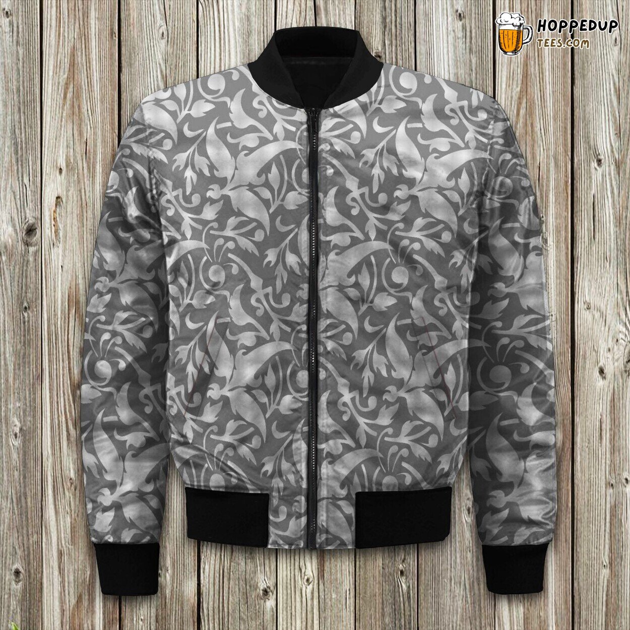 Gray And White Pattern Flower Bomber Jacket