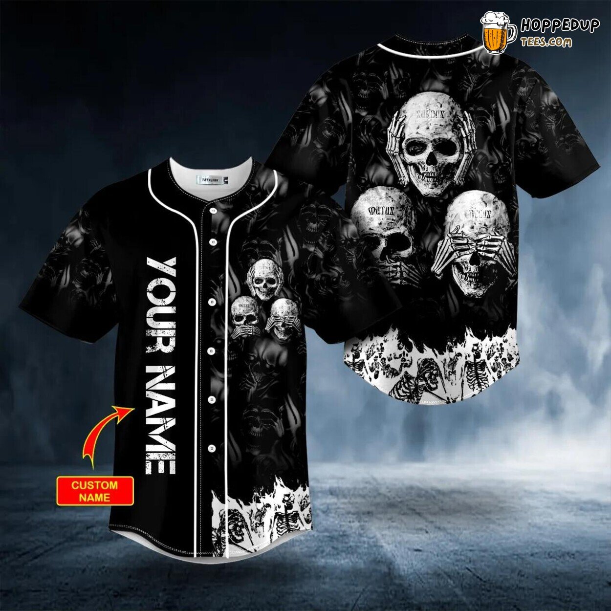 Gray Fire Skull See Hear Speak No Evil Baseball Jersey Skull Viking 3D Print Tees